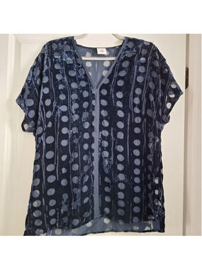 Cabi 3507 Womens M Medium Spot On Blouse Velvet Polka Dot Sheer Tunic Navy Blue